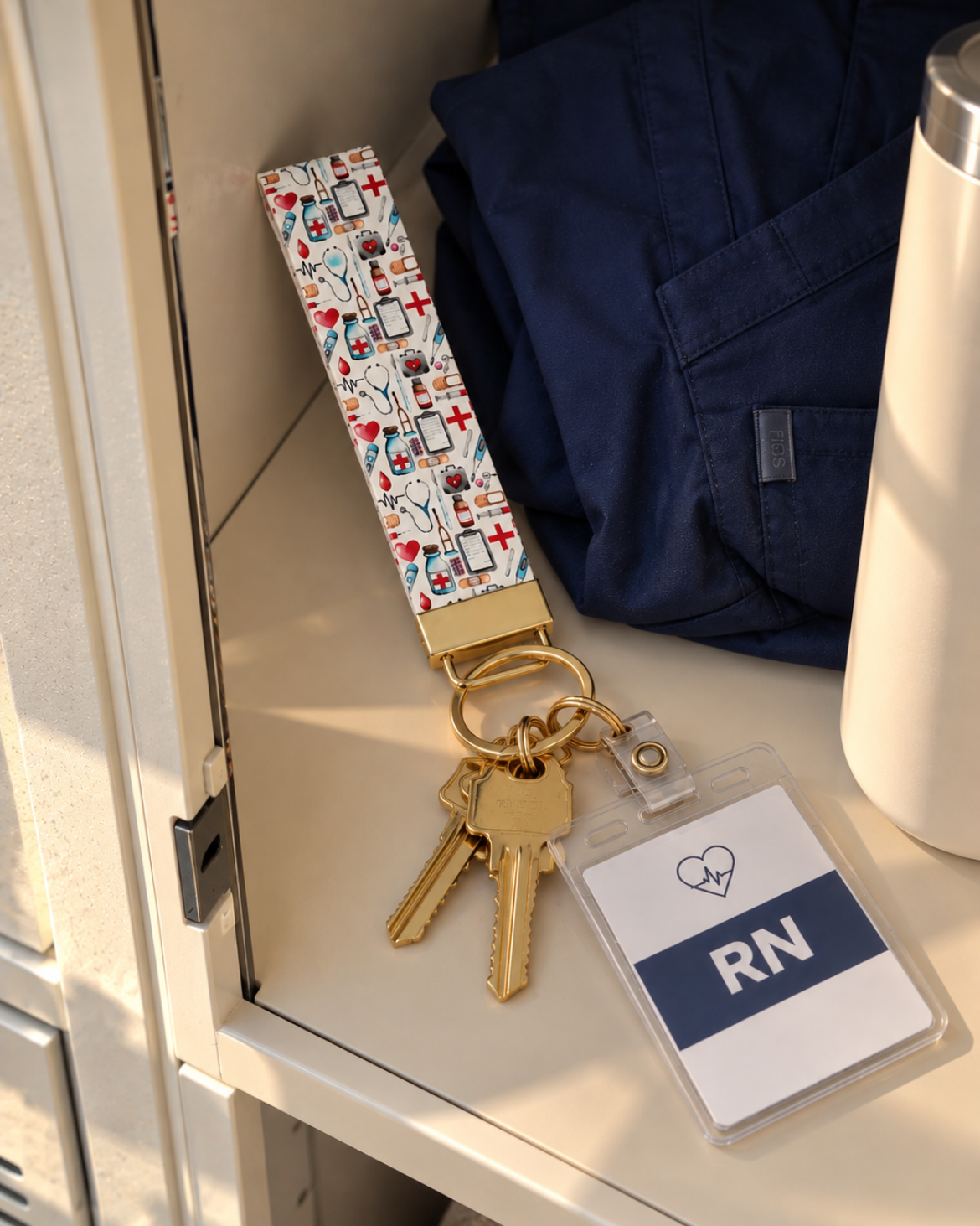A close-up of a personalized medical keychain with a colorful collage pattern and gold-tone metal, attached to a keyring with keys and an ID badge that reads 'RN'. The keychain is resting on a white shelf next to navy blue scrubs and a white container.