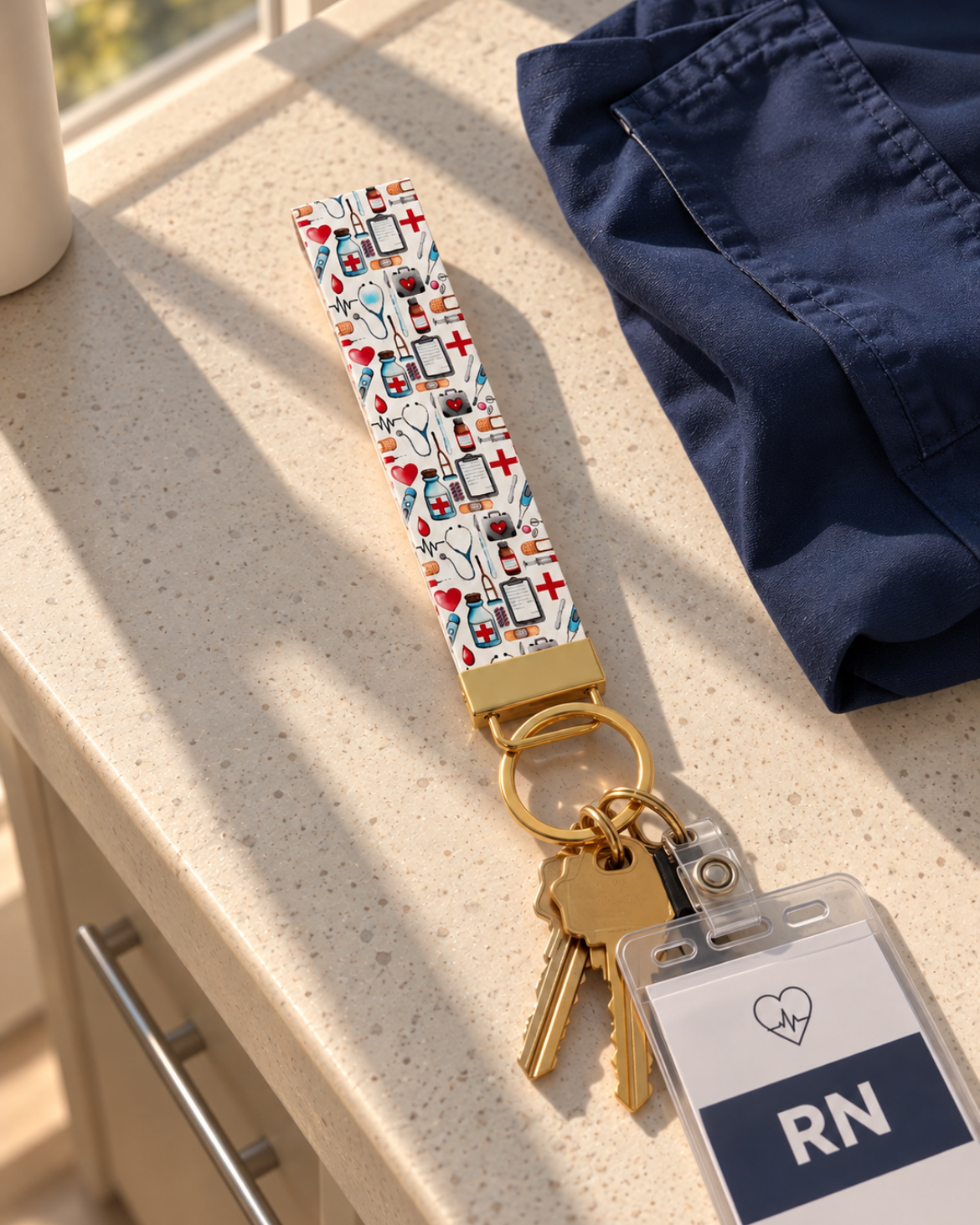 A patterned fabric keychain with a gold-tone ring and keys, resting on a medical counter next to a navy blue scrubs. The keychain has a colorful collage print of medical-themed illustrations, and a clear ID badge with 'RN' is attached.